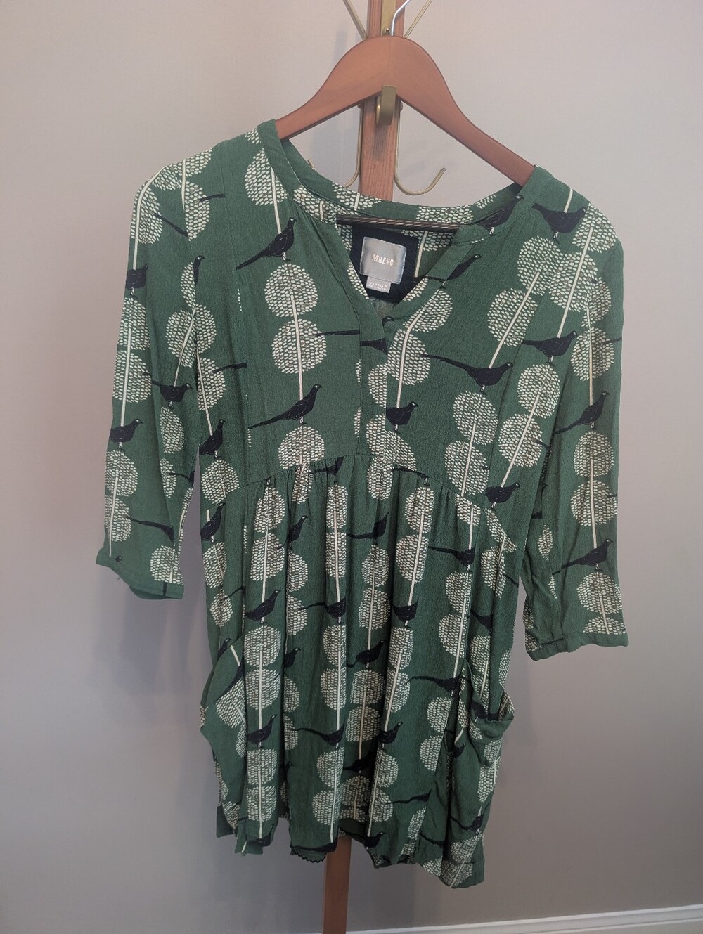 Anthropologie Maeve Devery Tunic Green Bird Tree Dress